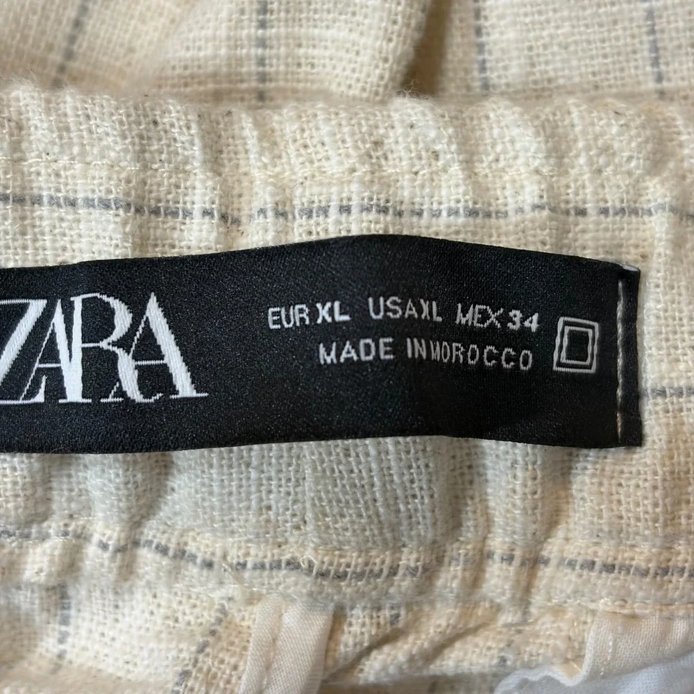 Zara Womens XL Pinstripe Drawstring Linen Blend Pants Cream Blue High Rise